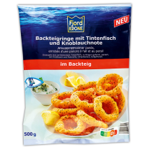 Backteigringe mit Tintenfisch und Knoblauchnote