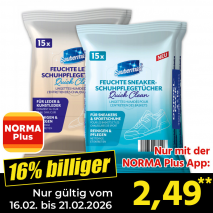 Nur mit der NORMA Plus App günstiger: »Feuchte Schuhpflegetücher«