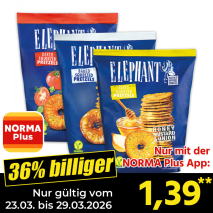 Nur mit der NORMA Plus App günstiger: »Elephant Laugengebäck«