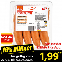 Nur mit der NORMA Plus App günstiger: »Bockwurst«
