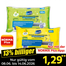 Nur mit der NORMA Plus App günstiger: »Feuchte Allzwecktücher«