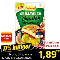 Nur gültig vom 17.08. bis 23.08.2026 und nur mit der NORMA Pluss App 17% billiger: 1,89
