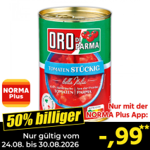 Nur gültig vom 24.08. bis 30.08.2026 und nur mit der NORMA Pluss App 50% billiger: &ndash;,99