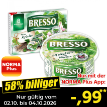 Nur gültig vom 02.10. bis 04.10.2026 und nur mit der NORMA Pluss App 58% billiger: –,99